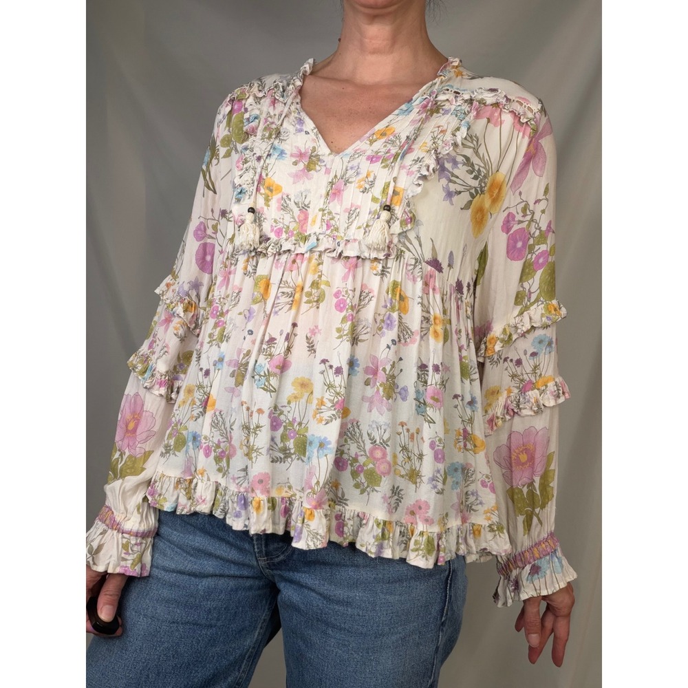 Spell & The Gypsy Wild Bloom Blouse Cream Floral Ruffle Boho Top Wildflower L - Picture 11 of 13